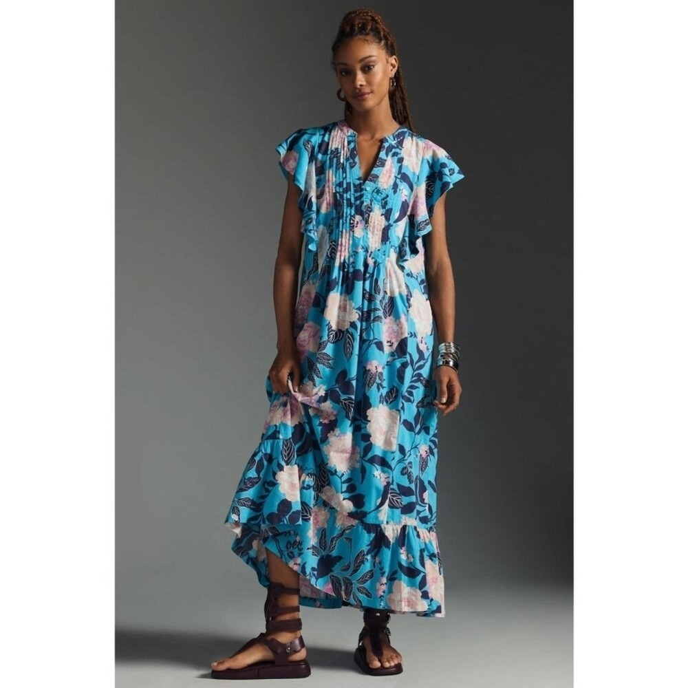 Anthropologie Maeve Dress XSP The Cassandra Maxi Blue Botanical Pintucked Boho - Picture 3 of 16